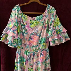Lilly Pulitzer Romper. Tiered sleeves. Off shoulder neckline. Elasticized waist